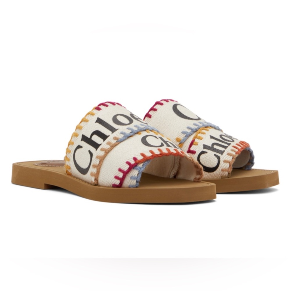 NIB Chloé Woody Linen Logo Sandals Slides $495 39 9